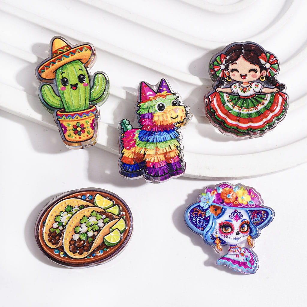 Mexican Day of the Dead Skull Art and Festive Folk Designs Semi-Clear Acrylic Beads, Random Mix