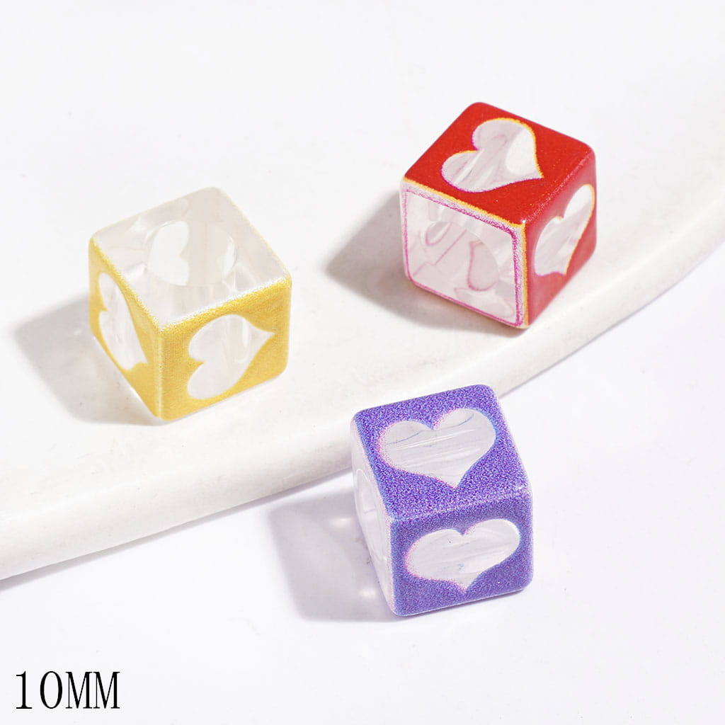 Acrylic Beads Cube Square Shape with Heart, 10MM, Big Hole Beads, Clear, Random Mix (The Hole Diameter is 6MM)
