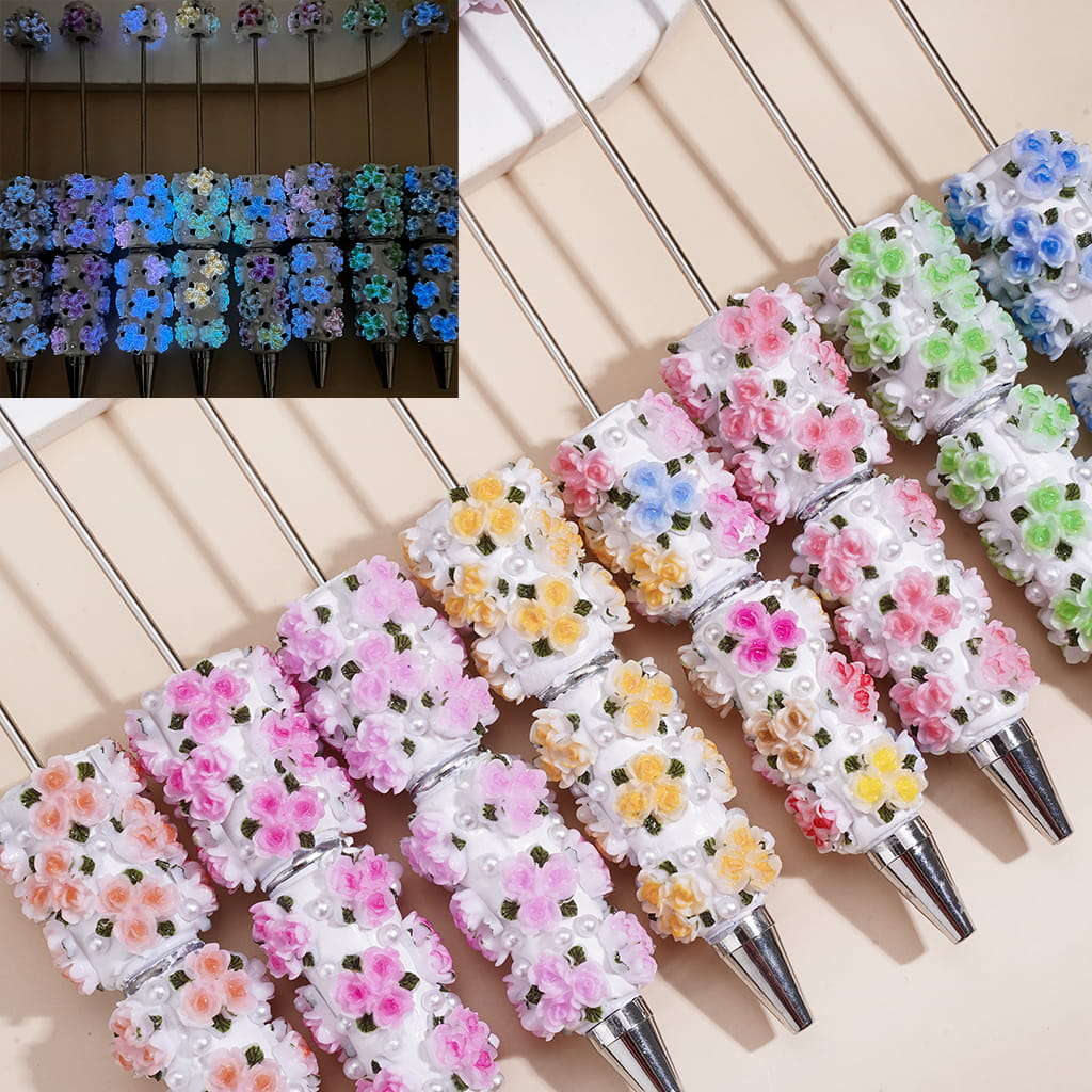 Beadable Clay Pens with Three Flowers Leaves and White Pearls, Multi-Color, Random Mix