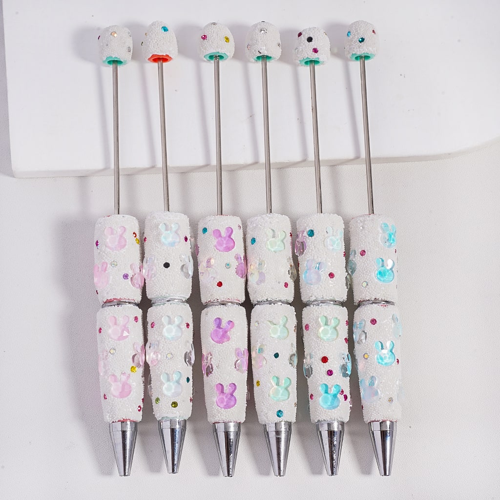 Cute Bunny Heads with Rhinestones & Snow Ball Covering Beadable Clay Pen Random Mix
