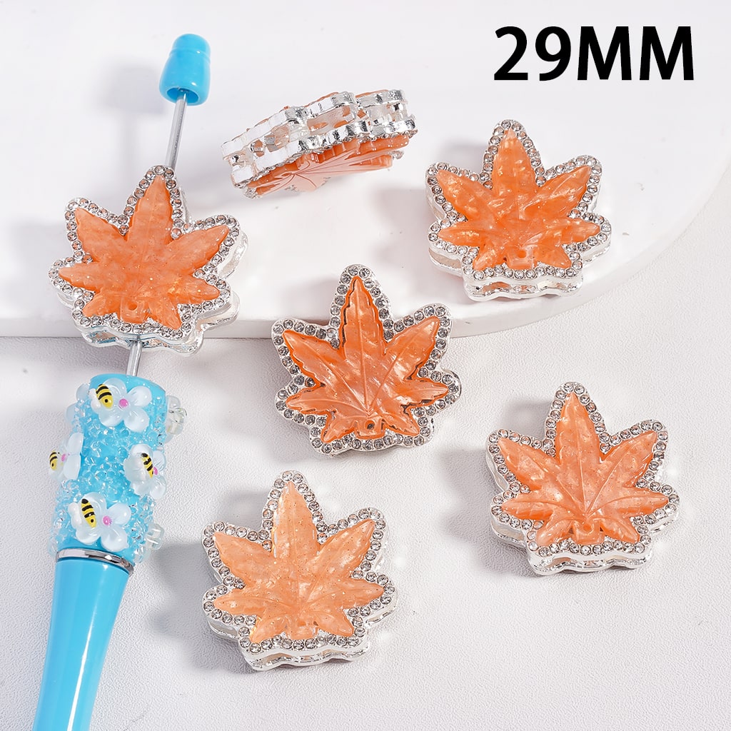 Silver Metal Beads with Brown Maple Leaf & Clear Rhinestones, 29MM