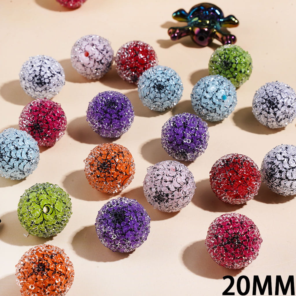 20MM - Handmade Sugar Beads with Cone Shaped Clear Rhinestones, Black Spider Web Texture Background, Various Colors, Random Mix