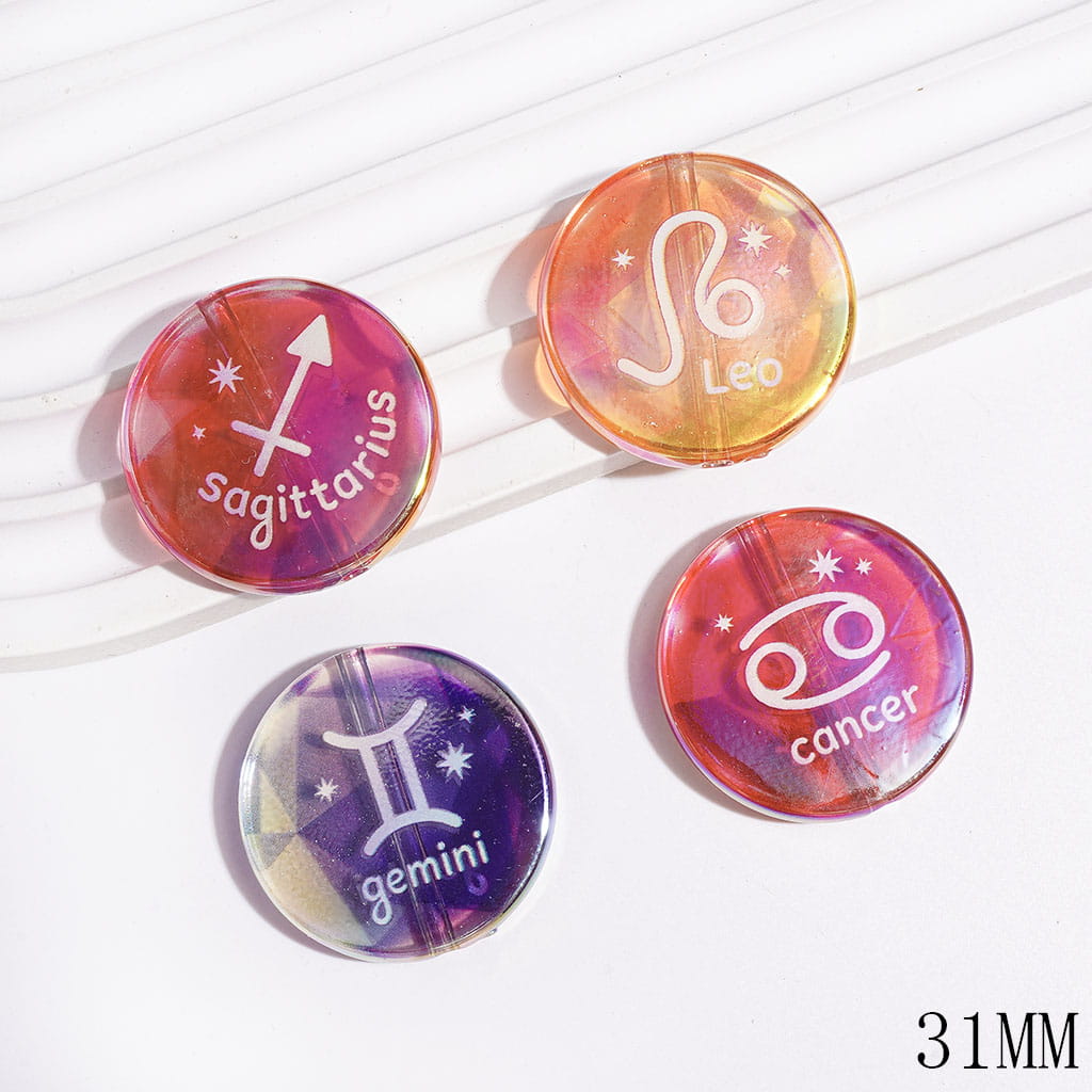 UV-Finish Twelve Zodiac Constellation Designs Clear Flat Round Shape Acrylic Beads, 31MM, Random Mix