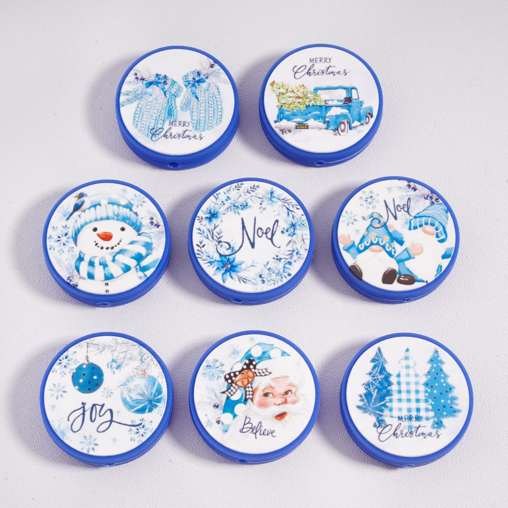Winter Blue Christmas Serious with Different Designs, Flat Round Silicone Focal Beads Random Mix