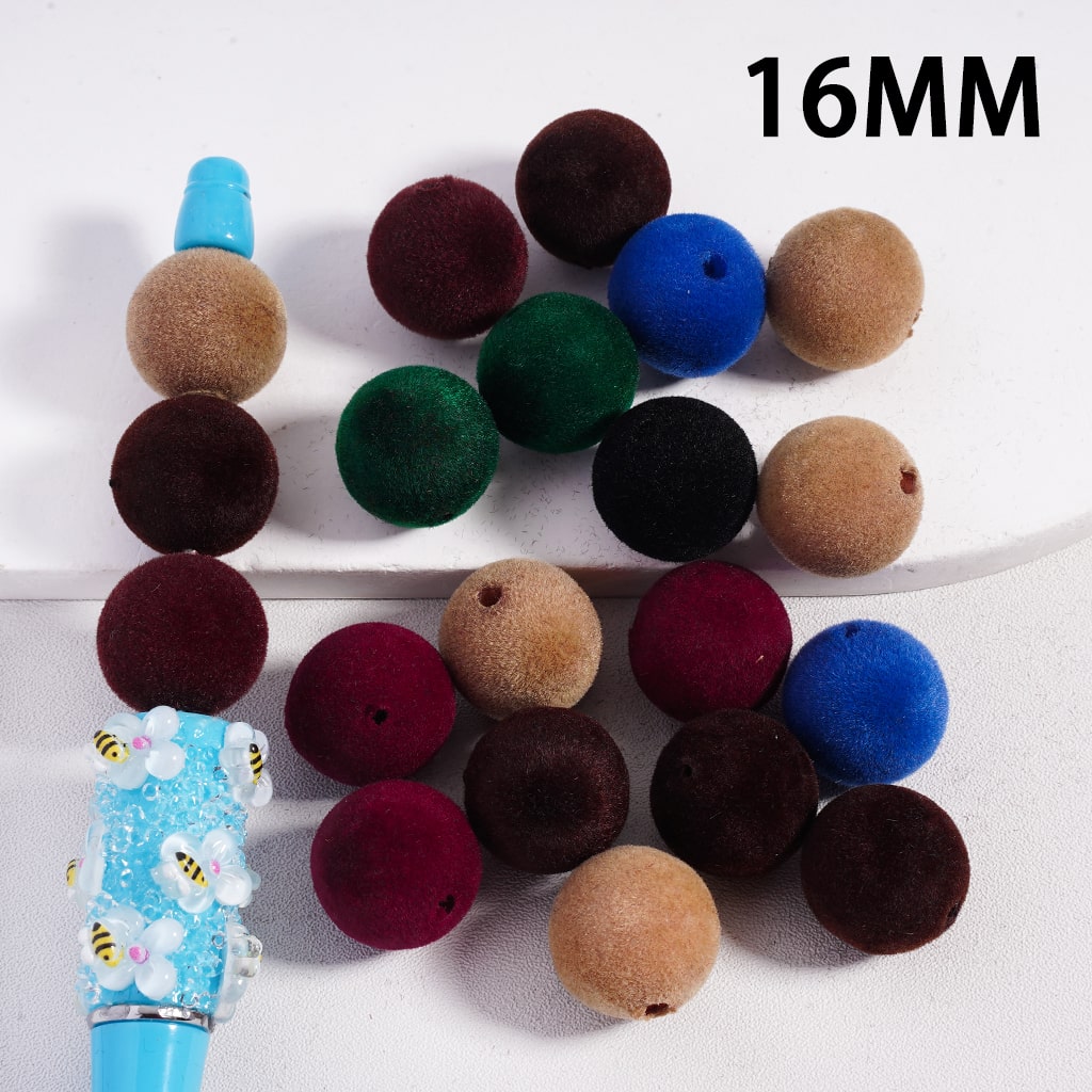 Flocked Fluffy, Dark Multi-Color Round Acrylic Beads Random Mix, 16MM