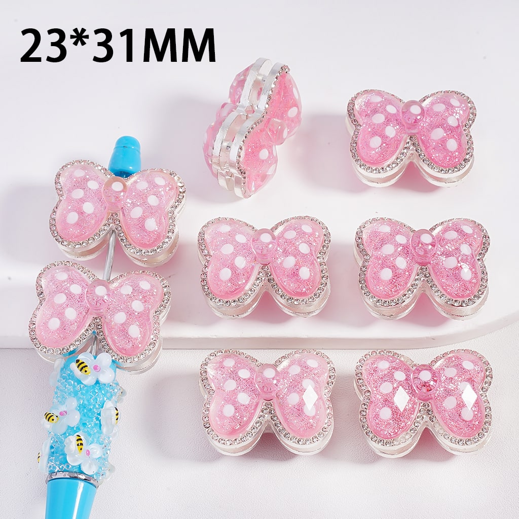 Silver Metal Beads with White Polka-Dots over Glittery Pink Butterfly & Clear Rhinestones, 23*31MM