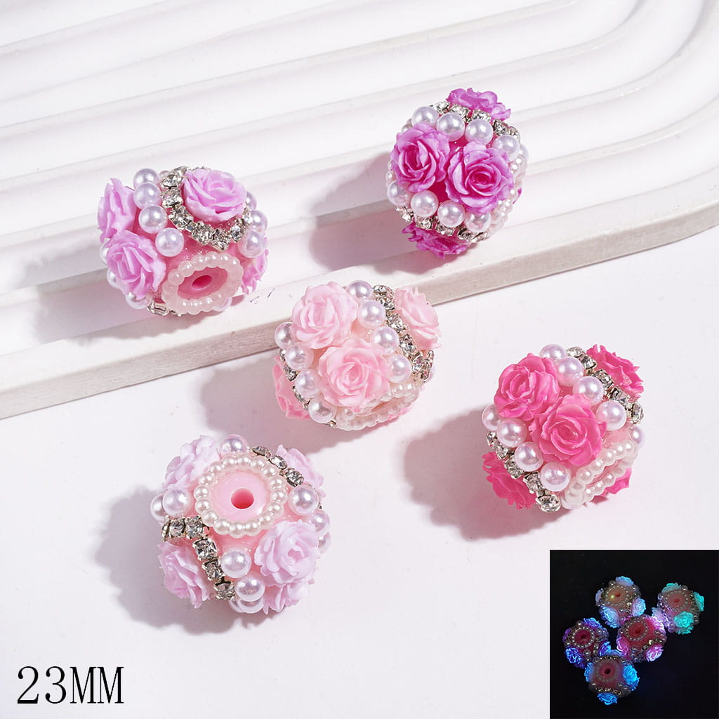 Luminous Adorable Rose Flower with Clear Rhinestone Chains and White Pearls Acrylic Beads, 23MM, Assorted Color Styles