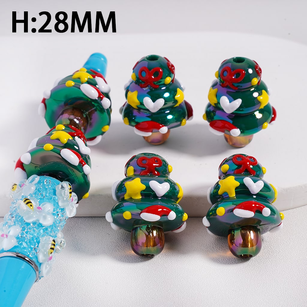UV Coated Green Holiday Christmas Green Tree with Print Yellow Star, White heart, Red Bowknot & Christmas Hat Acrylic Beads Height 28MM