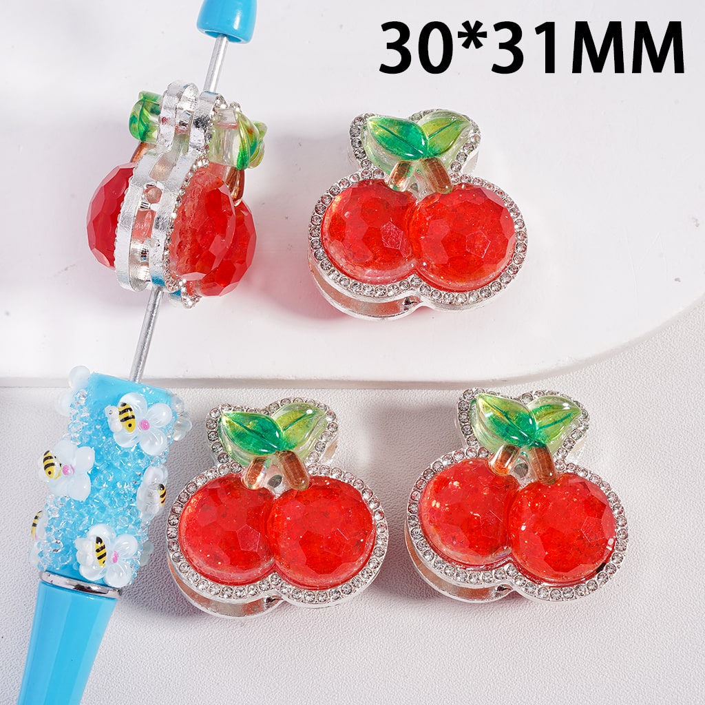 Silver Metal Beads with Glittery Cherry and Clear Rhinestones, 30*31MM
