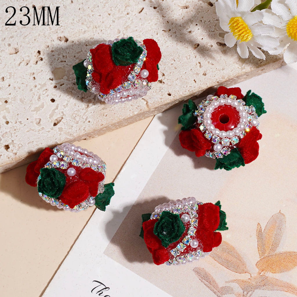 Handmade Acrylic Beads w Fluffy Green & Red Rose Flower, AB Rhinestone & White Pearl Chains, 23MM