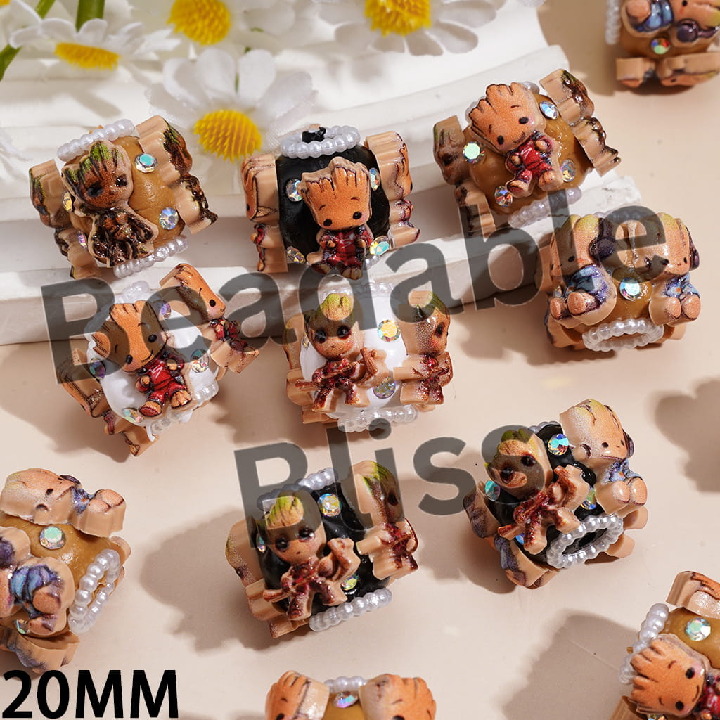 Clay Beads w Galaxy Guard Team Withered Wood Character Series and AB Rhinestones, White Pearl Chains, 20MM, Random Mix