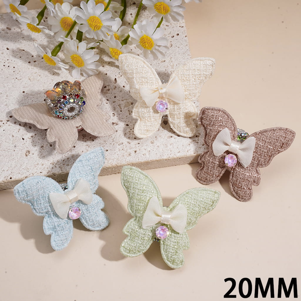 Hand-Made Acrylic Beads w Butterflies and various Colors Rhinestones, Fabric Butterfly & Bowtie & White Pearl Loop, 20MM, Random Mix
