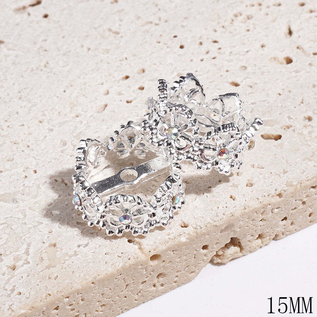 Alloy Beads Cages Crown Design with Heart and Bowtie, Bead Cap with Rhinestones, 15MM, Gold and Silver