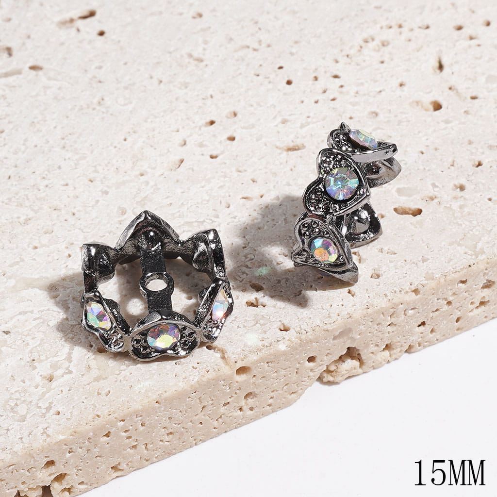 Metal Beads Cages Crown Design, Bead Cap with Heart and AB Rhinestones, 15MM, Gold & Silver & Gun Black