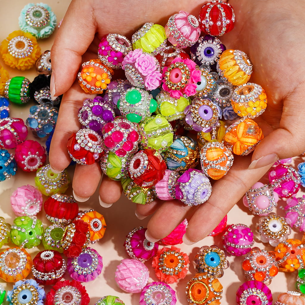 Hand-Made Acrylic Beads Fluorescent Colors Series, w Rhinestones Pearl Embellishments Metal Clasp, Random Mix (Please Read Description)