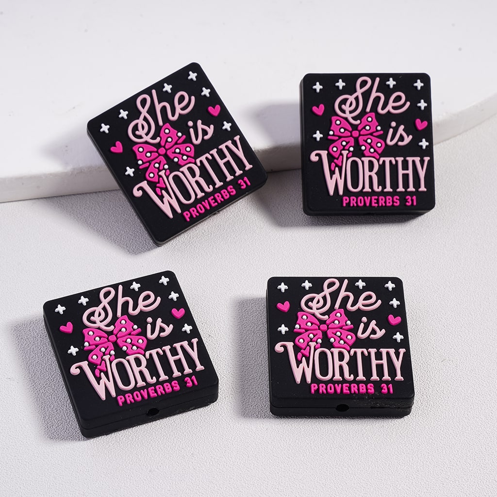Proverbs 31 Woman She Is Worthy Stars & Pink Hearts Bowtie Square Shape Silicone Focal Beads