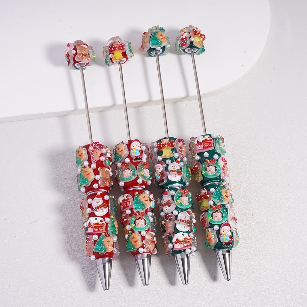Red & Green Christmas Series with Santa, Reindeer, Tree, Stocking, Wreath, House, Bell & Snowman White Pearls Beadable Clay Pens