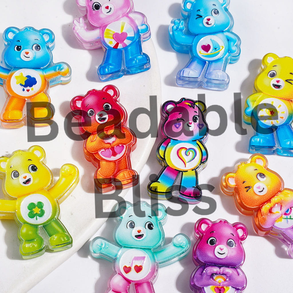 Semi-Clear Acrylic Beads Diverse Design Rainbow Bear in Gradient, Random Mix