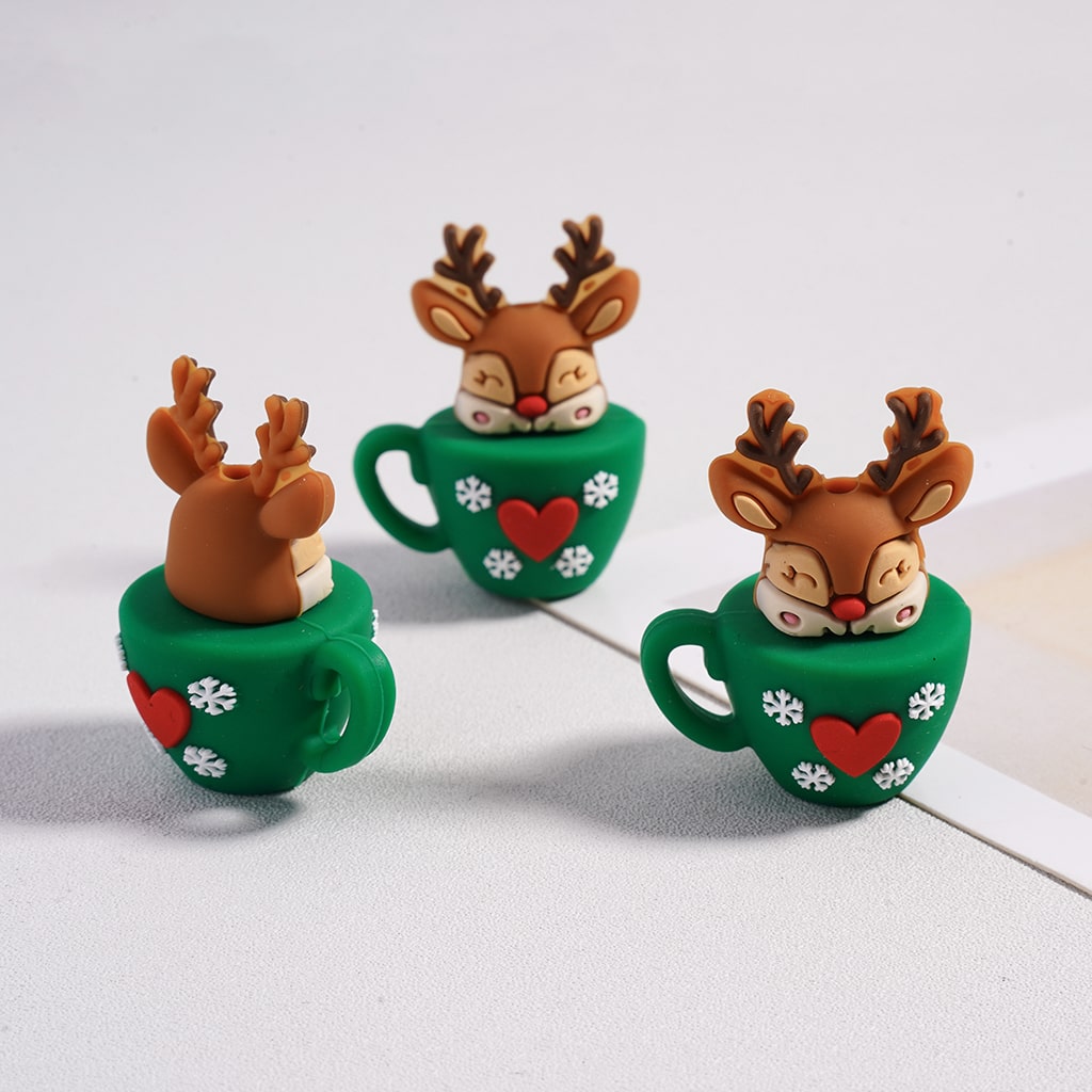 3D Cute Santa Claus & Reindeer Cup Christmas Series Red Heart & Snowflake Silicone Focal Beads