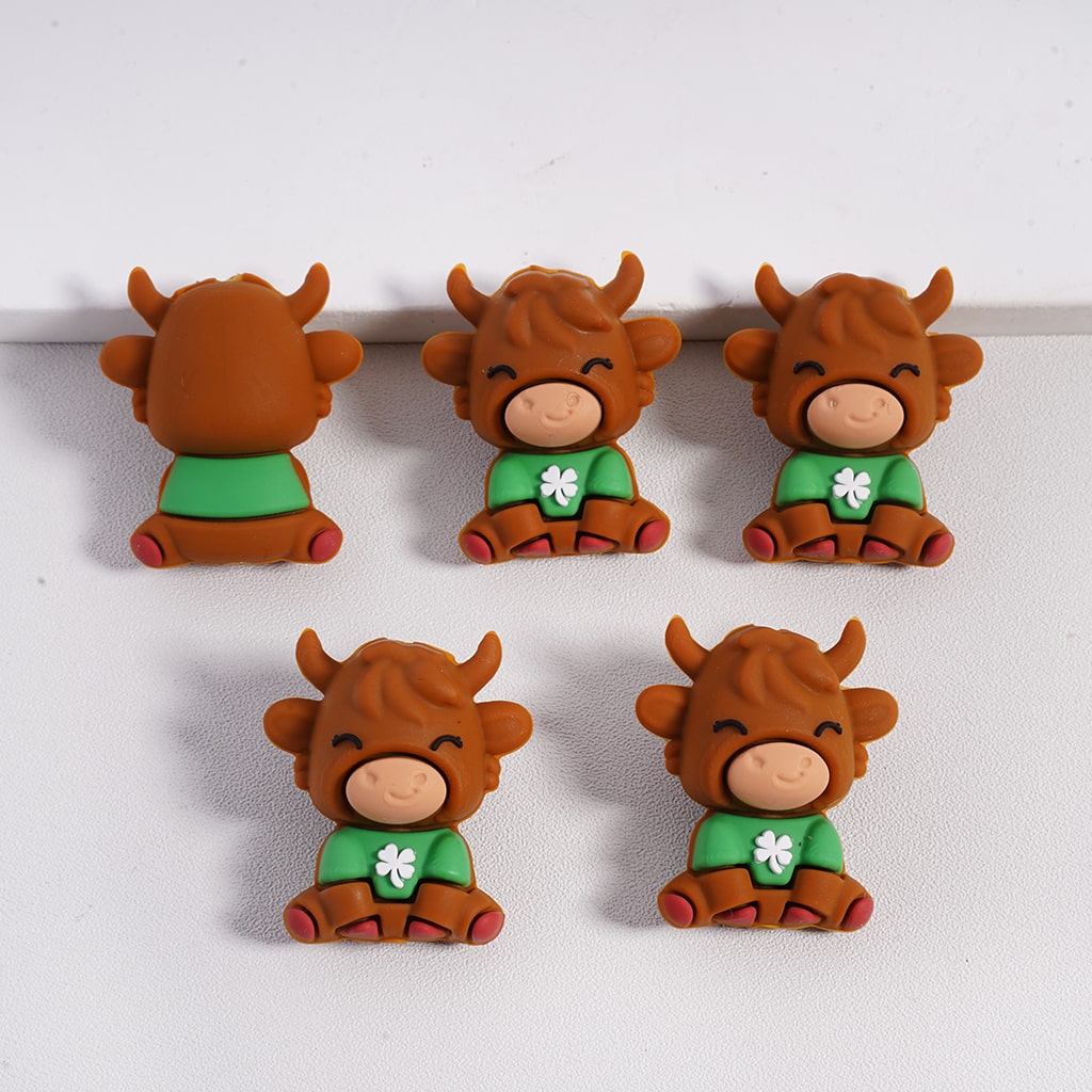 Cute 3D Brown Highland Cow with Green Clothes Four Leaf Clover Silicone Focal Beads St. Patrick’s Day