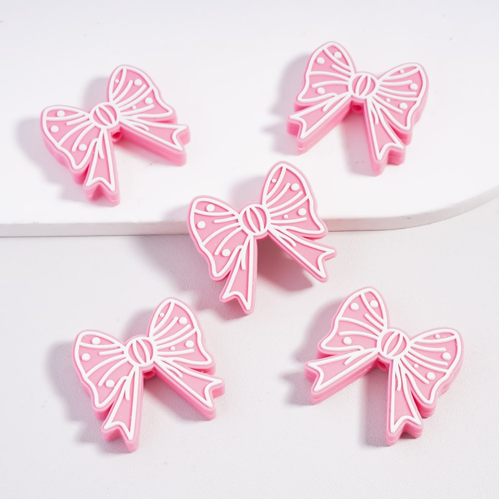 Cute Black & Pink Bowtie with White Stripes & Dotted Patterns for Holiday Crafts Silicone Focal Beads