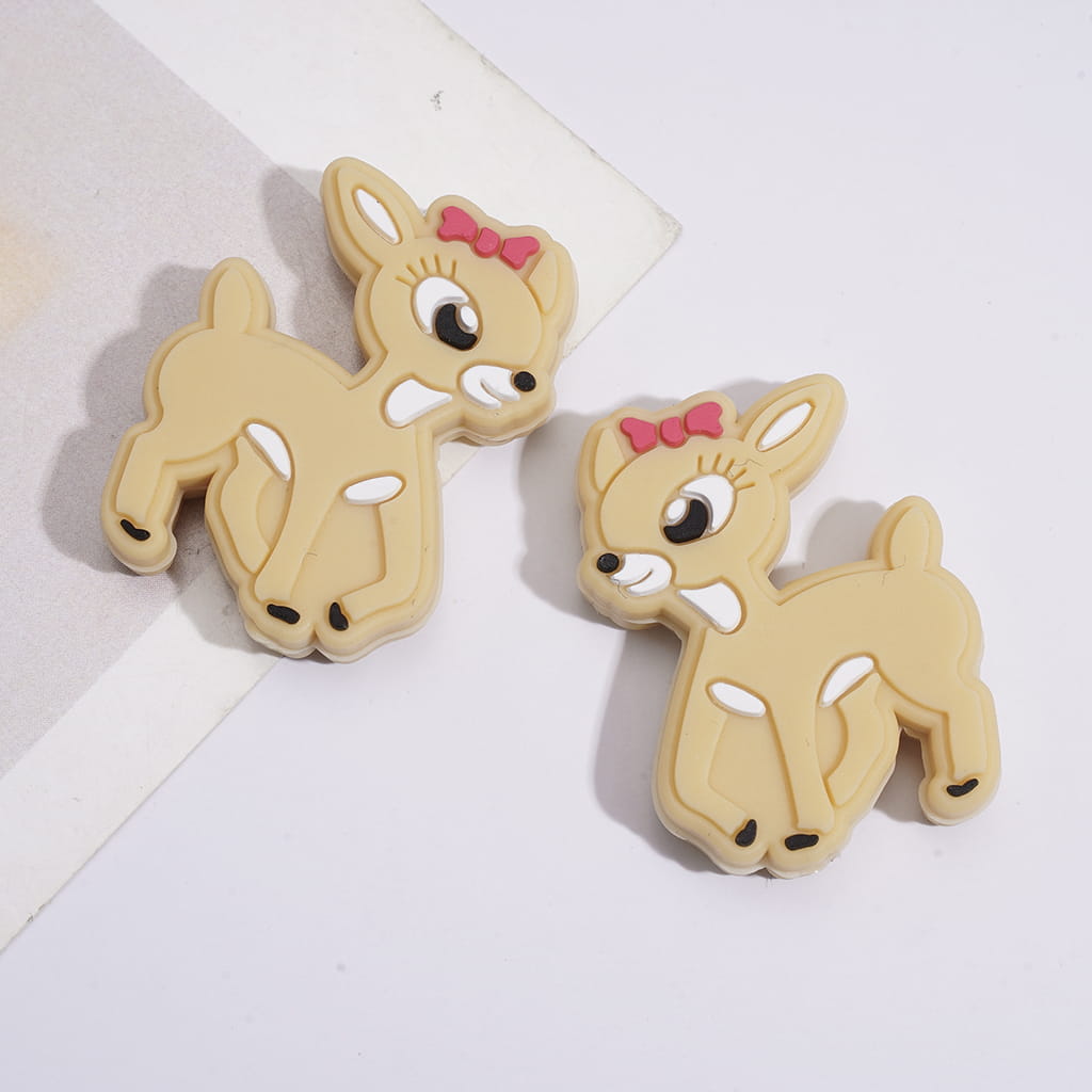 Silicone Focal Beads Deer with Red Bowtie on Head, Brown and Light Khaki Color