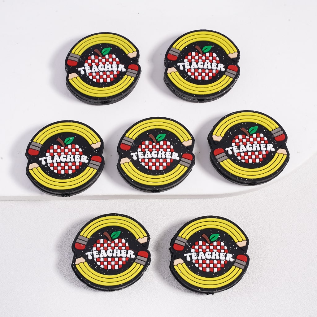 Red Apple & Yellow Pencil Teacher Series Flat Round Silicone Focal Beads