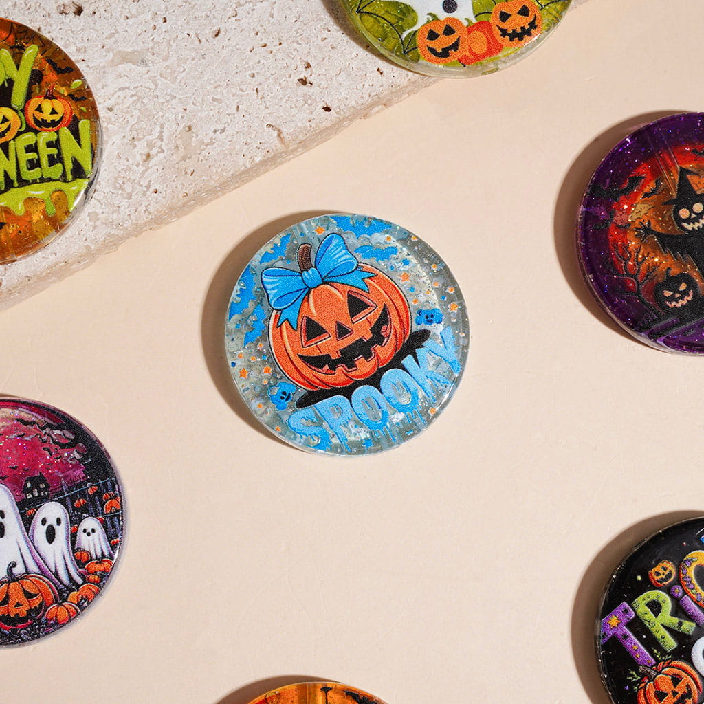 Halloween Acrylic Beads with Gold Foil Paper, Around 32MM, Semi-Clear, Flat Round Shape, Random Mix