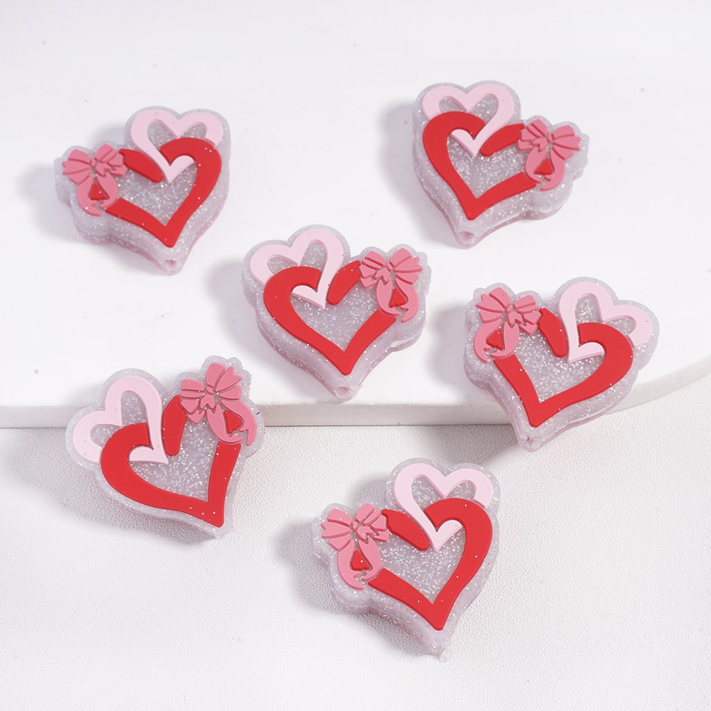 Double-Ring Heart Bow Charm Valentine’s Glitter Silicone Focal Beads