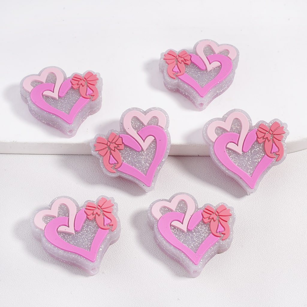 Double-Ring Heart Bow Charm Valentine’s Glitter Silicone Focal Beads