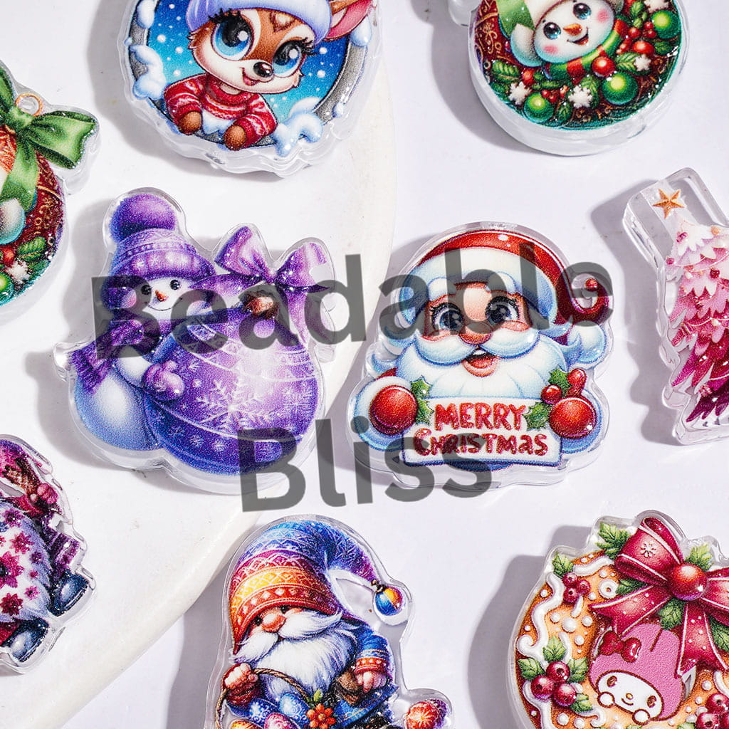 Acrylic Beads Christmas Theme with Snowman Reindeer Santa Claus Christmas Tree, Random Mix