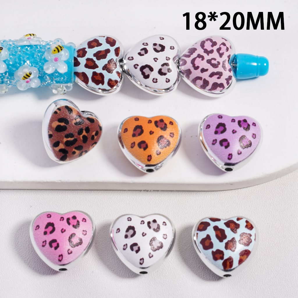 Leopard Print Frosted Heart Shape Acrylic Beads 18*20 mm Random Mix