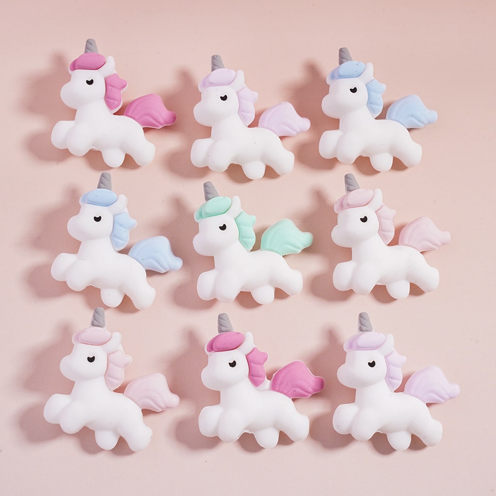 3D White Mini Unicorn with Multi-Color Mane & Tail Silicone Focal Beads Random Mix
