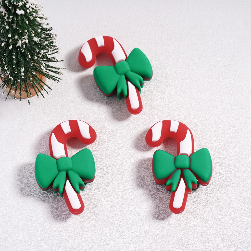 Christmas Red & White Cheer Candy Cane with Green Ribbon Bow Silicone Focal Beads