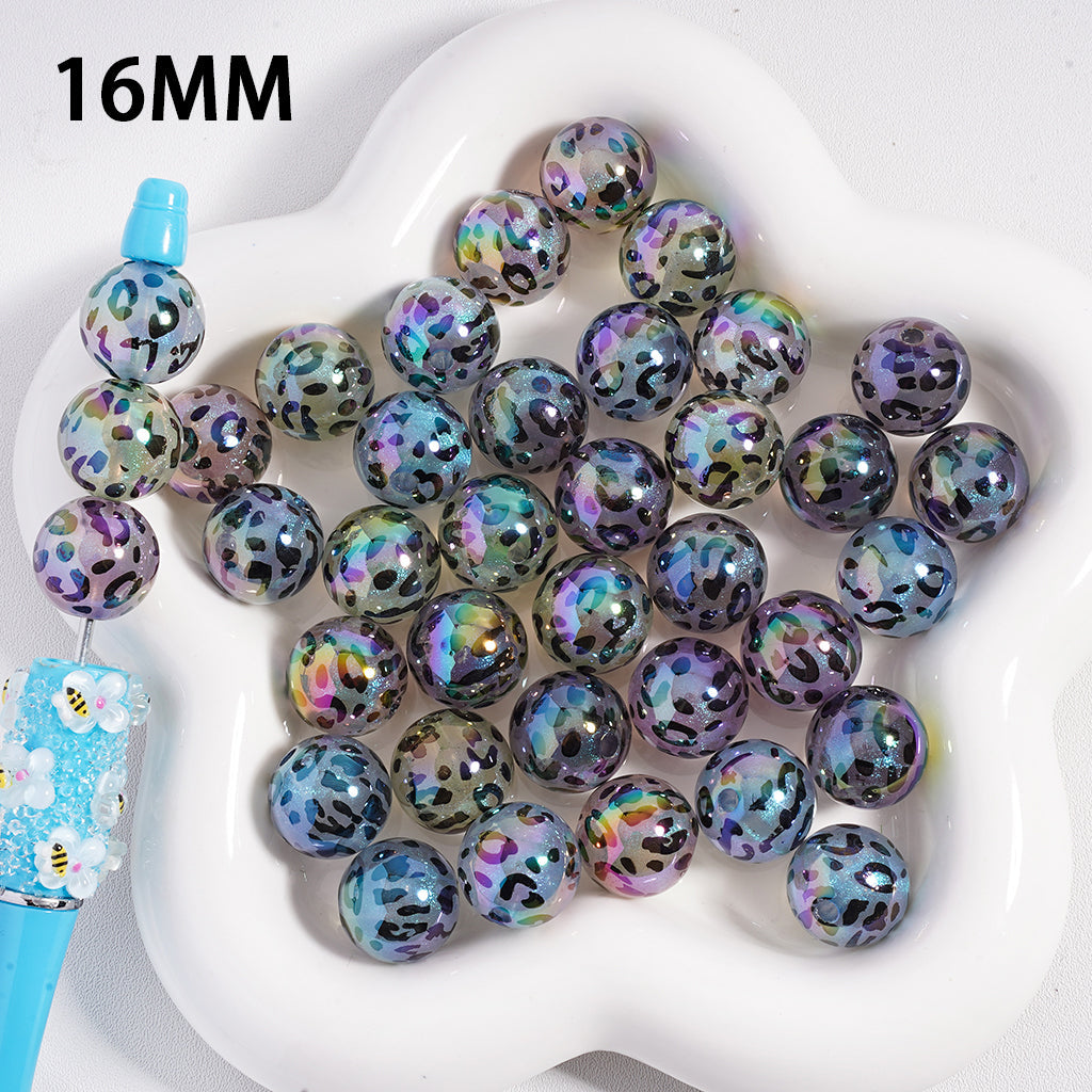 UV Coating Aborable Translucent Jaguar Print Glitter Colorful Round Acrylic Beads, 16MM, Random Mix