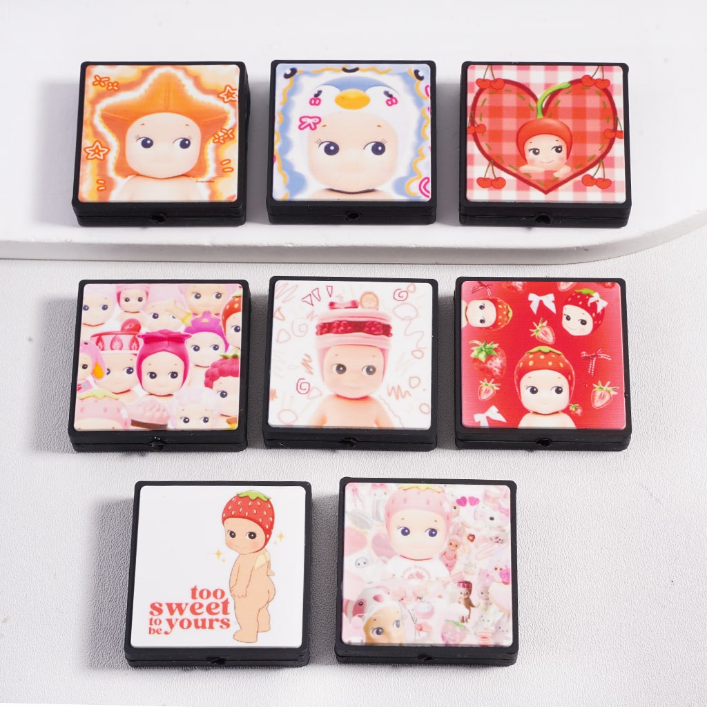 Smiling Baby in Various Style Black Flat Square Shape Silicone Focal Beads Random Mix
