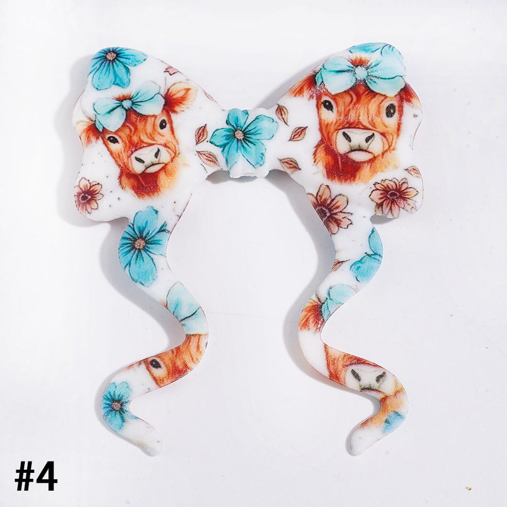 Light Brown Highland Cow with Multicolor Bowtie and Flower Designs Soft Bowknot with Long Ribbon Silicone Focal Beads, 59*70MM