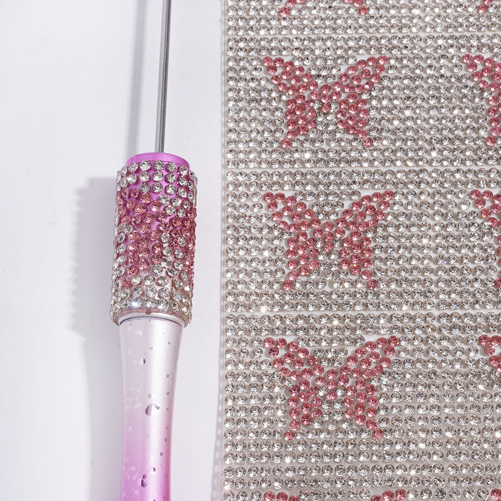 Adorable DIY Bling Wrap Tape, Butterfly Designs with Clear and Pink Cone-Shaped Rhinestones for Pens, Around 38*28MM (Small 84 Pieces in 1 Sheet)