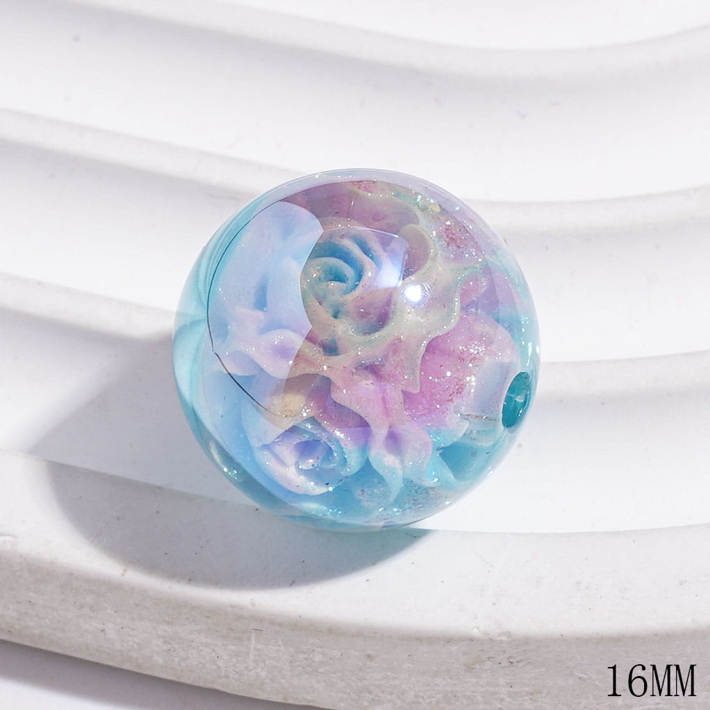 UV-Coated Romantic Blooming Rose Designs with Embedded Glitter Round Acrylic Beads for Bracelets, 16MM, Multi-Color, Random Mix