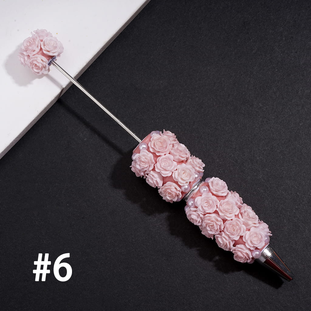 Beadable Clay Pens w Luminous Rose Flowers, AB Rhinestones & White Pearls, Neon Color (Update Another Colors Pens Later)