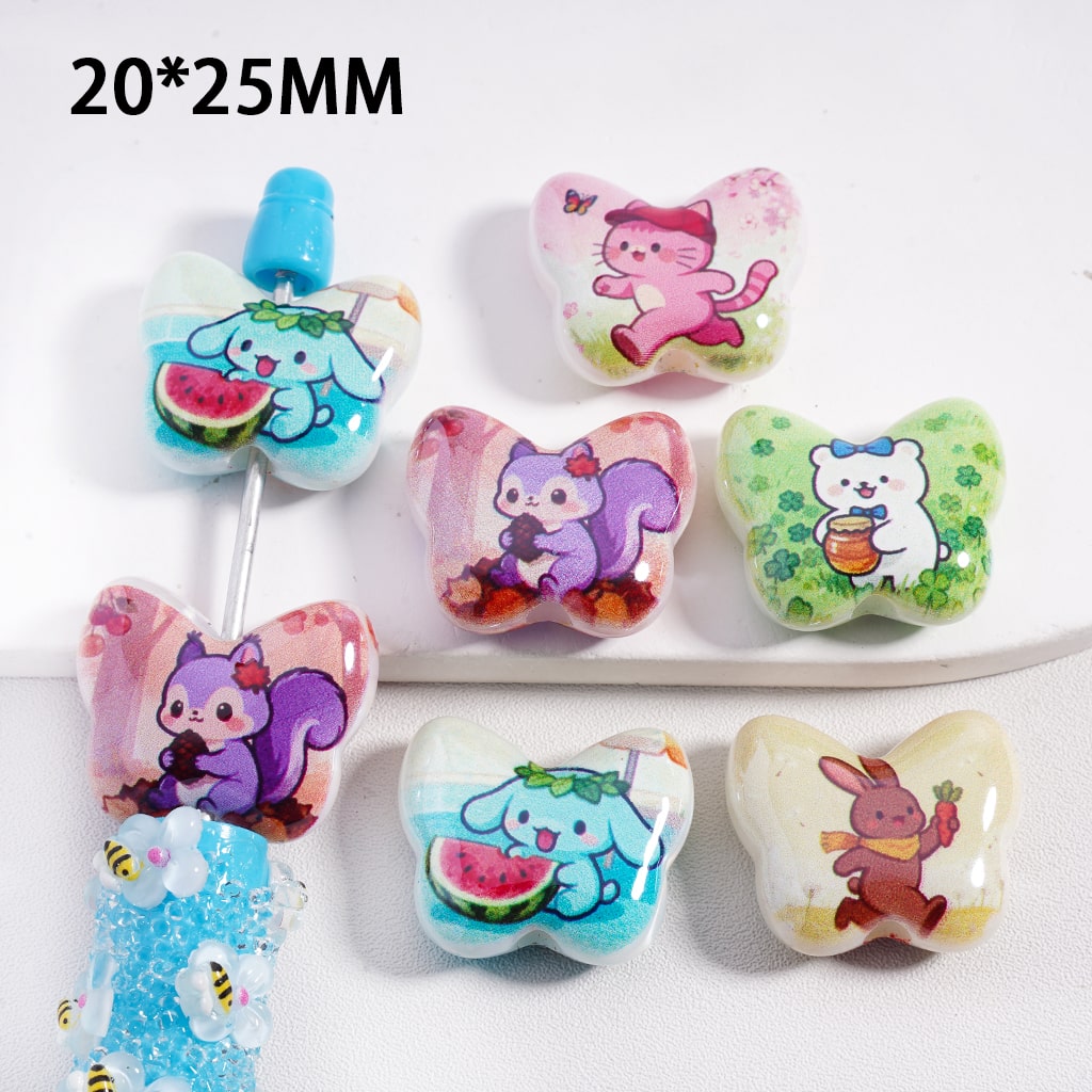 Cute Animal Series Double Side Prints, Butterfly Shape, Acrylic Beads Random Mix, 20*25MM