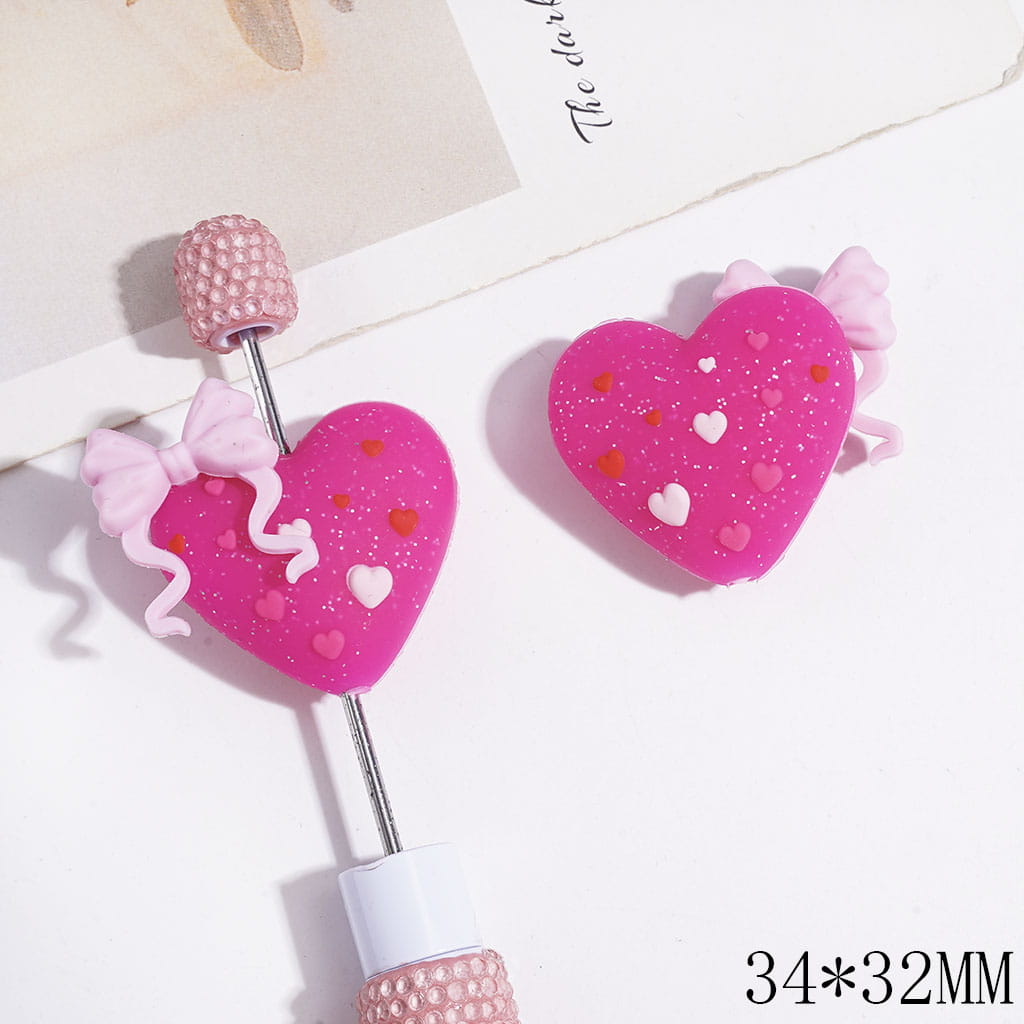 3D Adorable Silver Glitter Bowties and Mini Heart Design Heart-Shaped Silicone Focal Beads, 34*32MM, Multi-Color