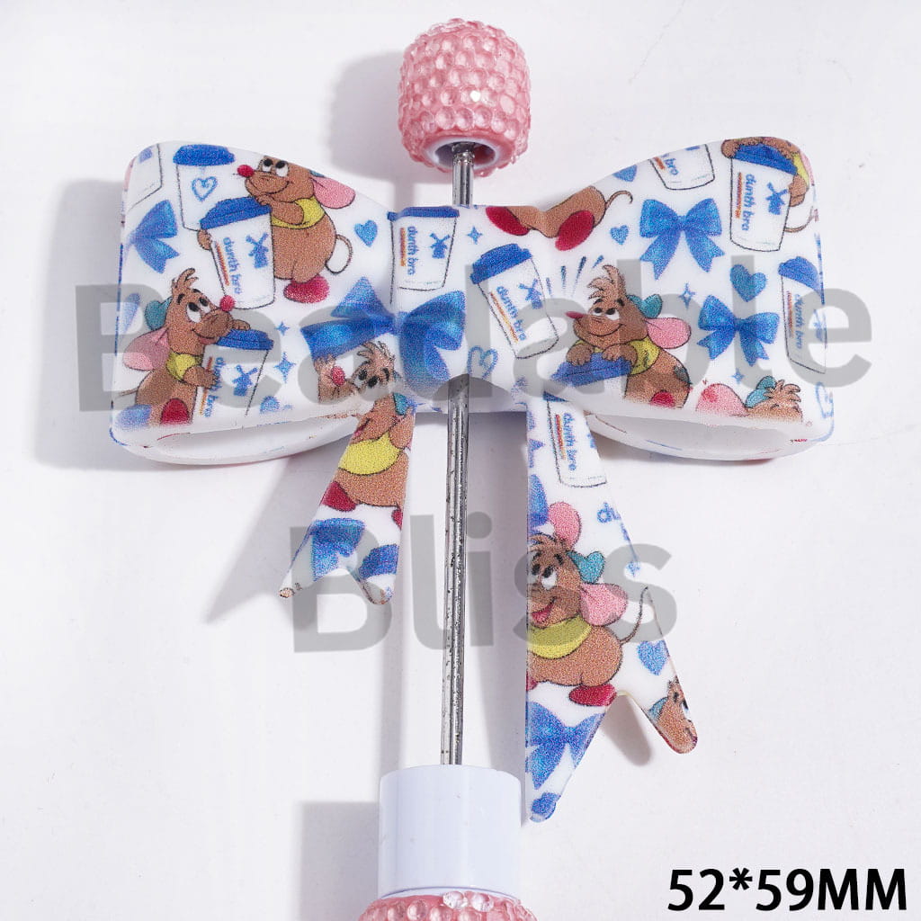 UV-Printed Brown Mouse with Coffee Cup and Blue Bowtie Designs Bowtie Silicone Focal Beads, 52*59MM