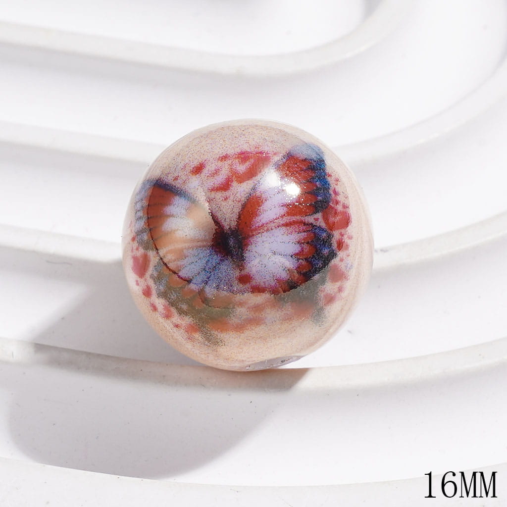 UV-Finish Dreamy Butterfly Pattern Glossy Round Acrylic Beads for Bracelets, 16MM, Multi-Color, Random Mix