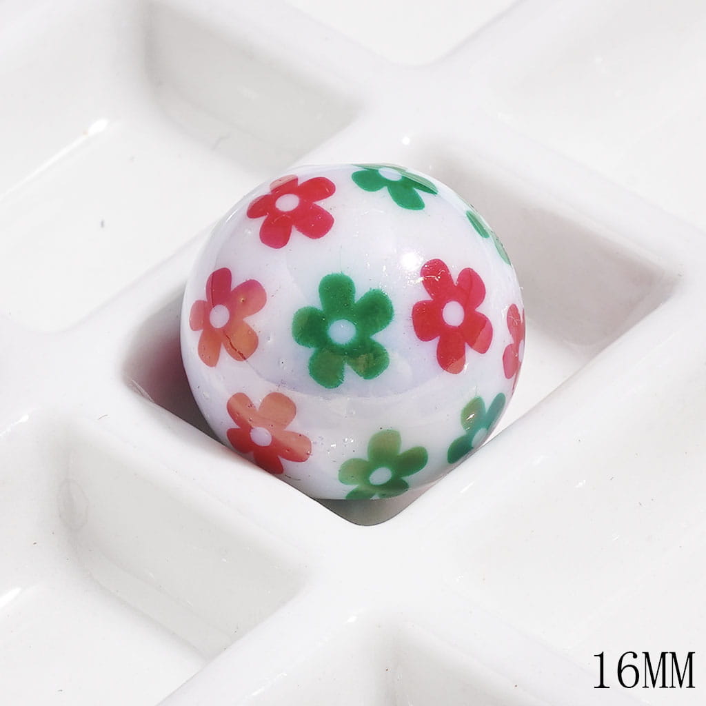 UV-Coated Festive Green and Red Christmas Flower Pattern Print Round Acrylic Beads for Bracelets, 16MM