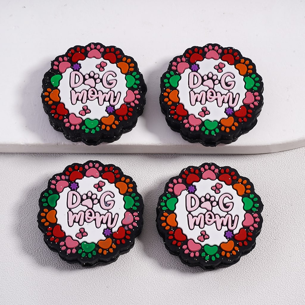 Multicolor Dog Mom Paw Prints Circle Design Round Silicone Focal Beads