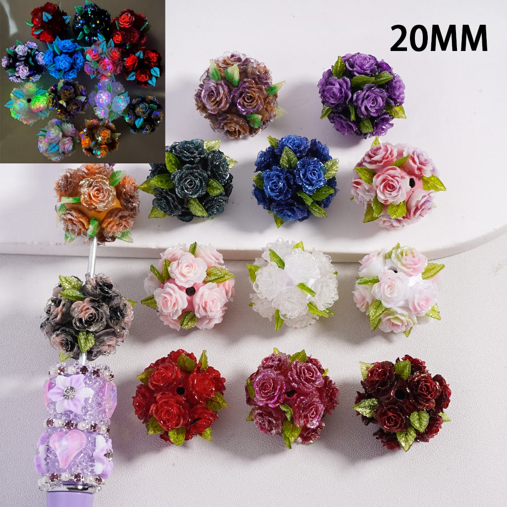 Luminous Glittery Rose Mini Cute Flower & Leaves Multi Color Round Clay Beads Random Mix 20MM