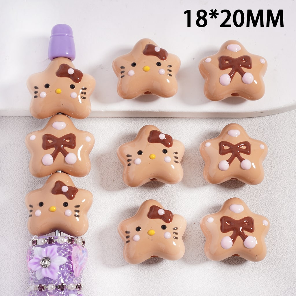 Light Brown Cute Star Cat Acrylic Bead Five‑Point Star with Backside Bowtie, 18*20mm