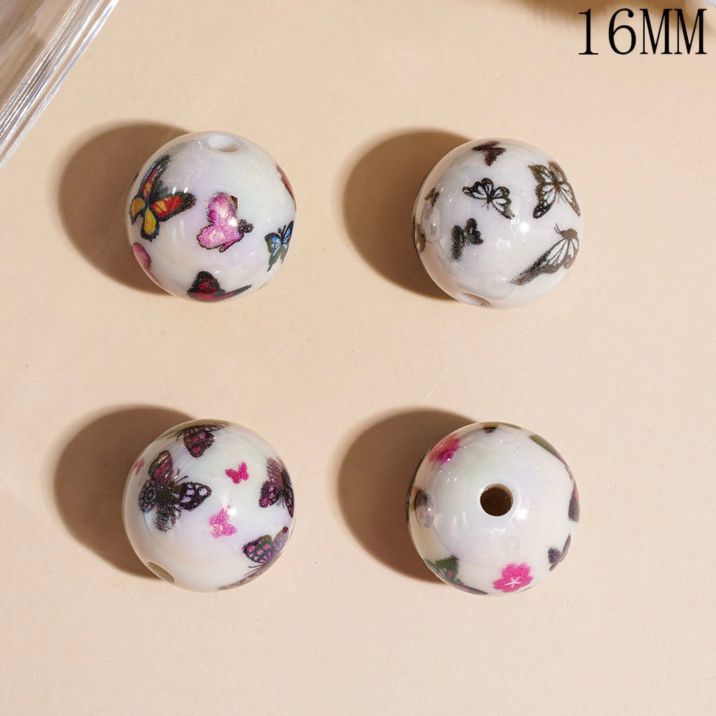 UV Coating Acrylic Beads for Bracelets and Necklace, Colorful Butterfly and Flower Prints, 16MM, Random Mix