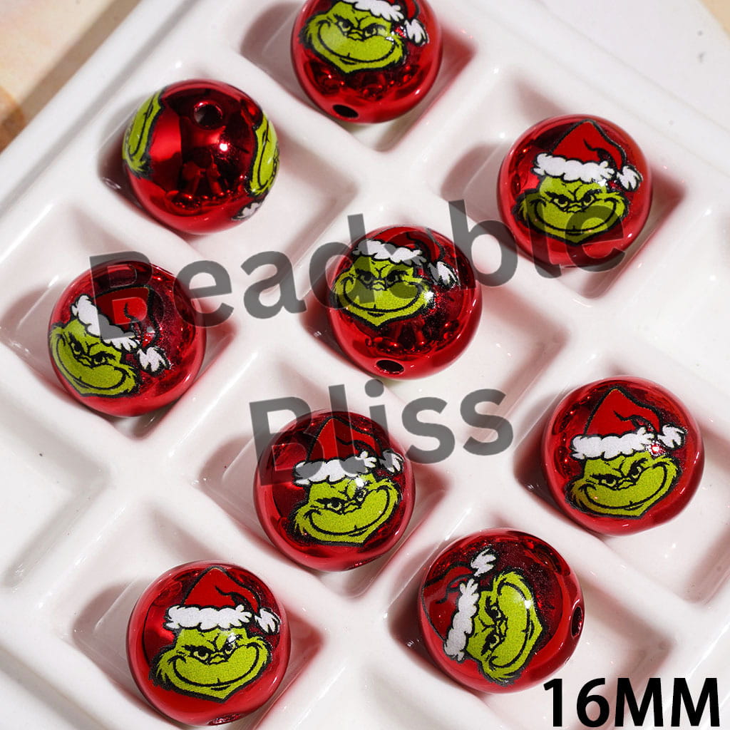 Metallic Colors Acrylic Beads for Bracelets with Green Character with Christmas Hat, 16MM Multi-Color